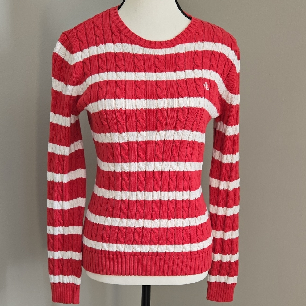Lauren Ralph Lauren Red and White Cable Knit Sweater Size Small New